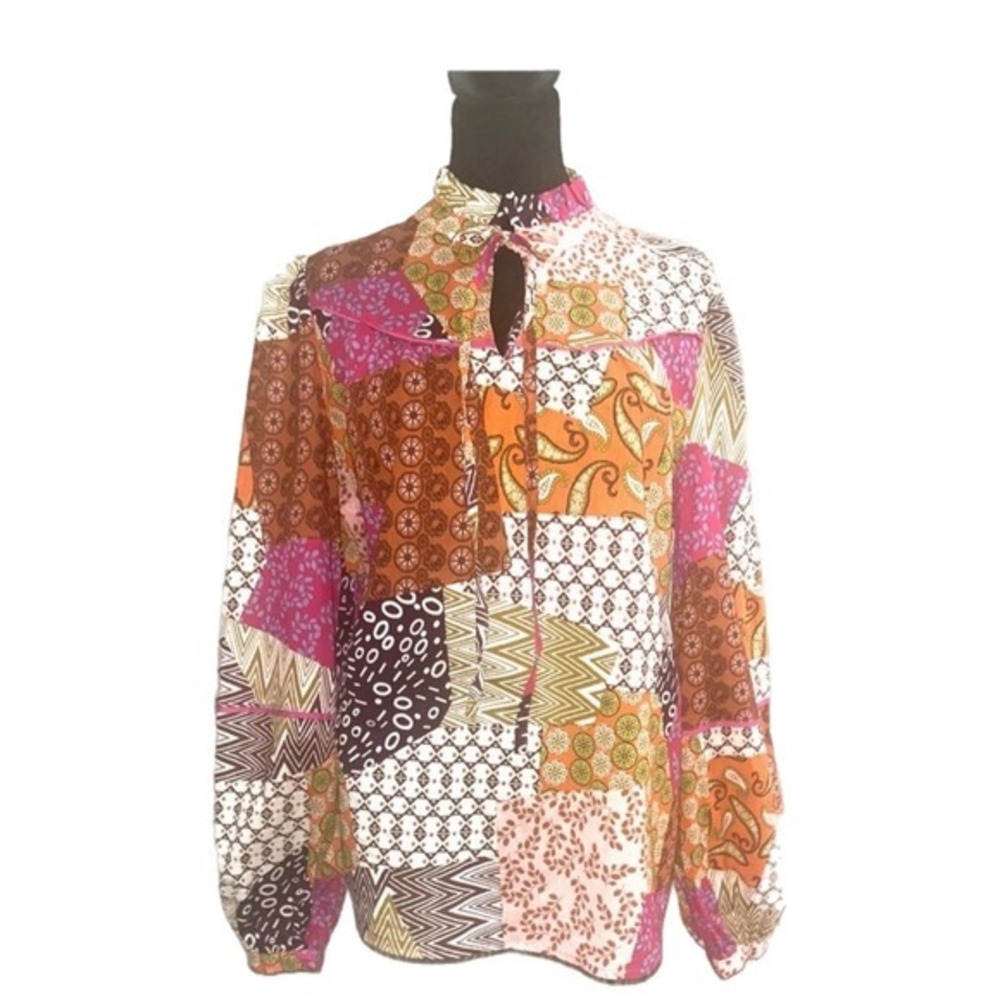 Fall Boho Brand FATE Patchwork Mixed Print Tie Neck Long Sleeve Blouse- M
